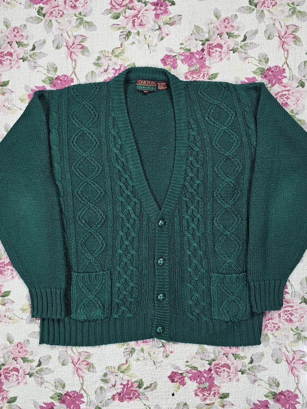 Vintage Men's Cable-Knit Button Front V-Neck Cardigan Sweater Green XL